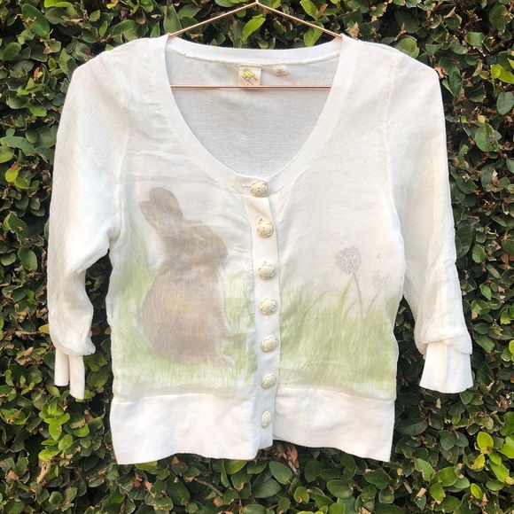 Anthropologie Cream Cardigan with Rabbit Print - Picture 1 of 7